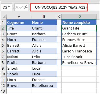 Utilizzo di UNICI con più intervalli per concatenare le colonne Nome/Cognome in Nome completo.
