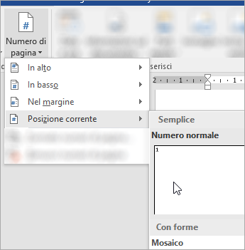 Screenshot che mostra la scelta del numero di pagina Formato normale nella posizione corrente nel documento