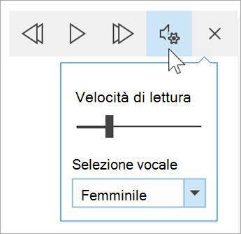 screenshot della barra degli strumenti delle opzioni vocali dello strumento di lettura immersiva. Il mouse passa sopra impostazioni rivelando un interruttore per la velocità di lettura e un elenco a discesa per la selezione voce.