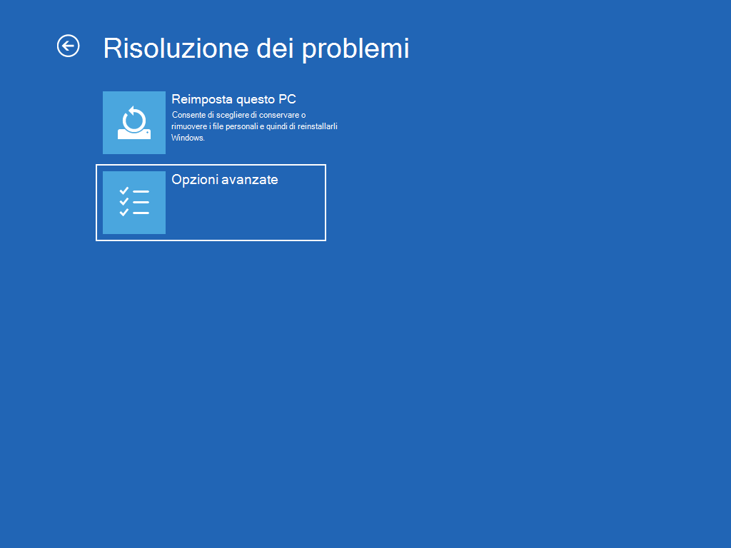Mostra la schermata "Risoluzione dei problemi", con l'opzione "Opzioni avanzate" selezionata.