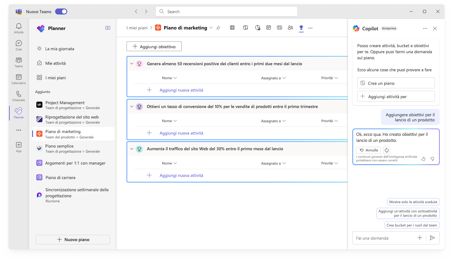 Lo screenshot mostra l'interfaccia utente di Copilot in Planner creando obiettivi.