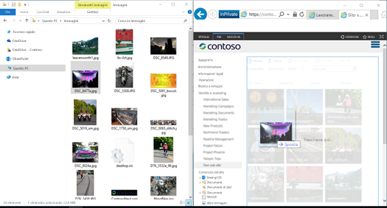 Screenshot di SharePoint ed Esplora risorse affiancati con il tasto WINDOWS e i tasti di direzione.