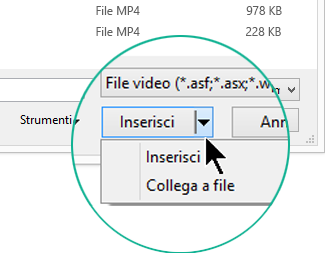 Nella finestra di dialogo Inserisci video si può scegliere tra Inserisci, che consente di incorporare l'elemento, o Collega al file.