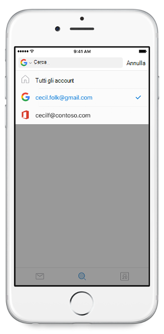 Mostra una schermata di un dispositivo mobile, con gli account elencati sotto l'intestazione "Tutti gli account"
