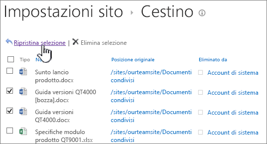 Cestino di secondo livello di SharePoint 2013 con il pulsante Ripristina evidenziato