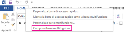 Comando Comprimi barra multifunzione dopo aver fatto clic con il pulsante destro del mouse sulla barra multifunzione in Word 2013