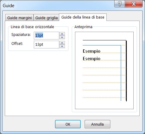 Finestra di dialogo Guide di Publisher con la scheda Guide della linea di base visualizzata