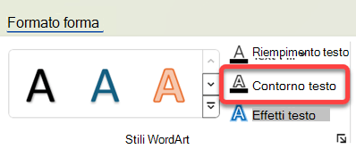 Per modificare il bordo di un oggetto WordArt, selezionarlo e quindi nella scheda Formato forma selezionare Contorno testo.