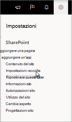 Menu Impostazioni con opzione Impostazioni raccolta selezionata