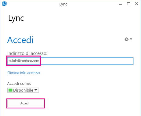 Sezione della finestra di accesso di Lync con l'opzione Elimina le informazioni di accesso evidenziata
