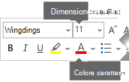 La barra degli strumenti mobile Formato include opzioni per Dimensione carattere e Colore carattere.