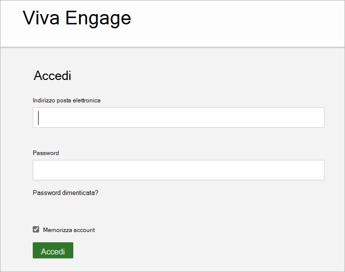 Lo screenshot mostra la schermata in cui si immettono l'indirizzo di posta elettronica e la password associati all'account Viva Engage.