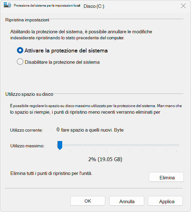 Screenshot di Protezione sistema.
