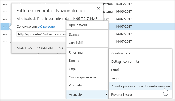 Fare clic su Annulla pubblicazione di questa versione