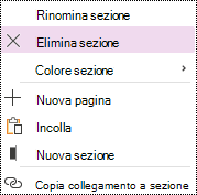 Opzione Elimina sezione evidenziata nel menu di scelta rapida della sezione in OneNote per Windows 10.
