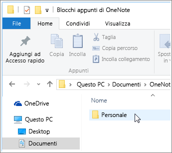 Screenshot della cartella Documenti di Windows con la cartella di blocchi appunti di OneNote visibili.