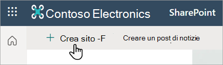 Screenshot che mostra il comando Crea sito in SharePoint Online.