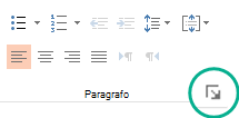 Nel gruppo Paragrafo fare clic sul pulsante di visualizzazione nell'angolo in basso a destra per aprire la finestra di dialogo Paragrafo