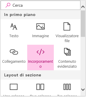 Screenshot del menu Contenuto di incorporamento in SharePoint.