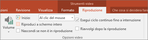 Opzione Esegui ciclo continuo fino a interruzione in Strumenti video di PowerPoint