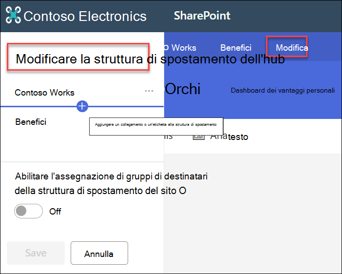 screenshot della navigazione dell'hub di modifica