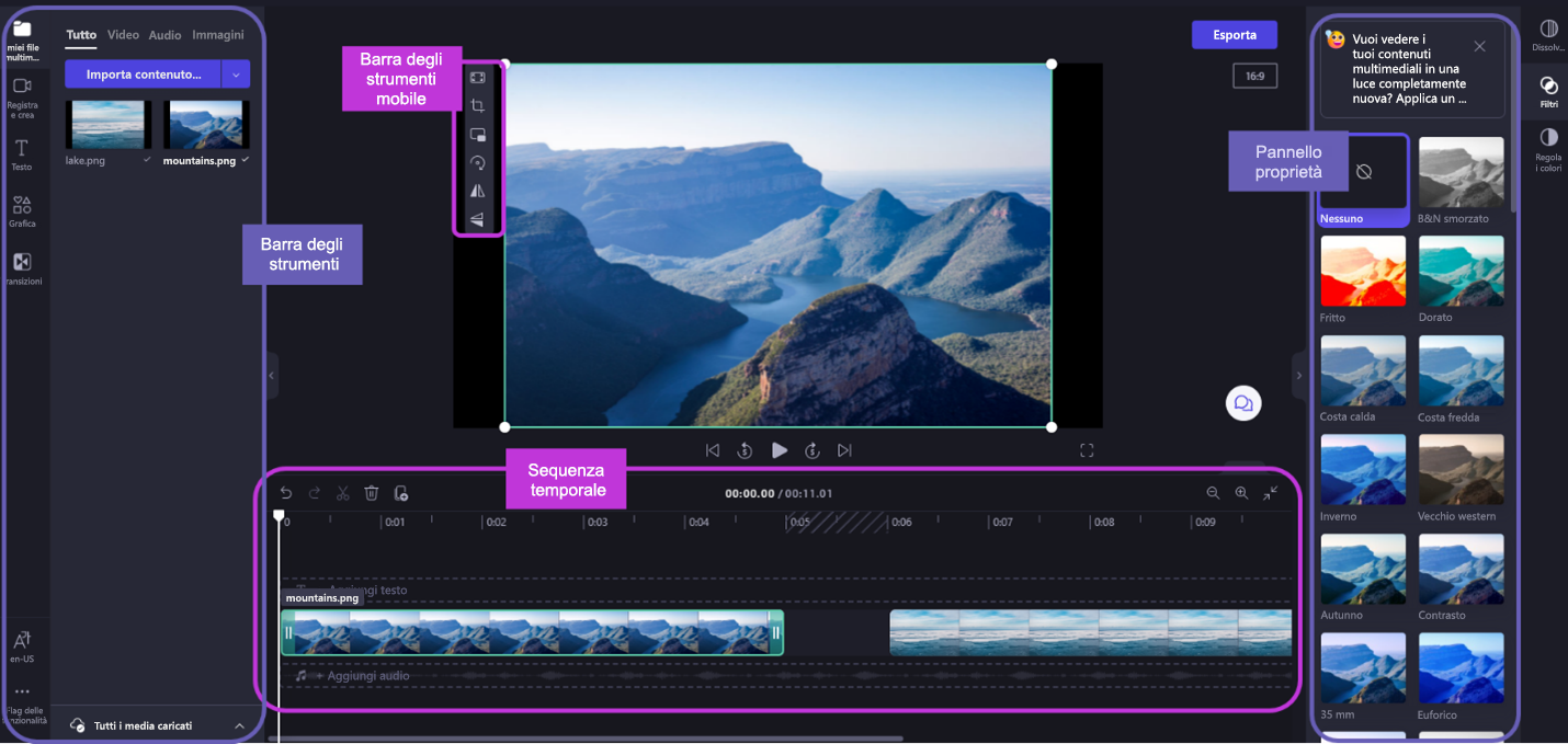 L'interfaccia utente di Clipchamp include diverse opzioni per apportare modifiche ai video clip.