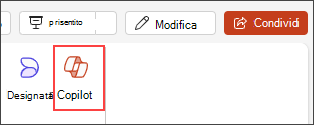 Schermata del pulsante Copilot nel menu della barra multifunzione di PowerPoint