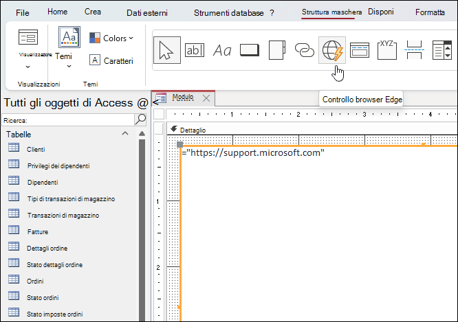 Pulsante Controllo browser Edge su cui si fa clic nella scheda Struttura maschera della barra multifunzione in Microsoft Access