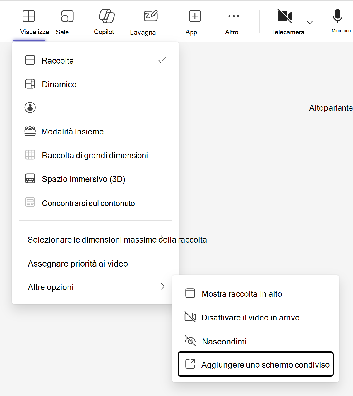 Il selettore di visualizzazione, indicato dal pulsante "Visualizza" nella barra dei menu della riunione di Teams, contiene un'opzione per aggiungere una modalità di visualizzazione condivisa nel sottomenu "Altre opzioni".