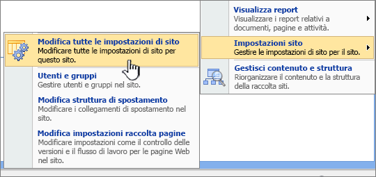 Opzione Modifica tutte le impostazioni di sito in Impostazioni sito