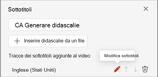 Pulsante Modifica didascalie per una traccia di didascalie nel riquadro Didascalie.