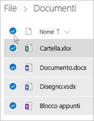 Screenshot della selezione di tutti i file e cartelle in OneDrive