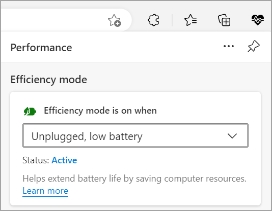 La modalità efficienza di Microsoft Edge verrà visualizzata come attiva quando la batteria è quasi scarica.