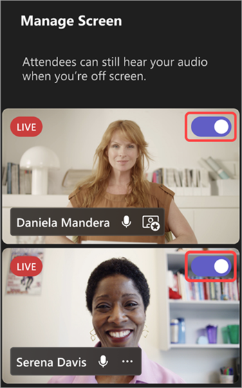 Screenshot che evidenzia l'interruttore che consente di attivare e disattivare le persone sullo schermo.