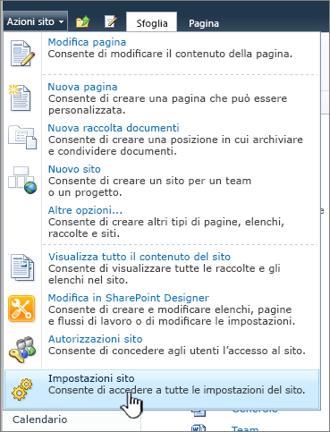 Impostazioni sito nel menu Azioni sito