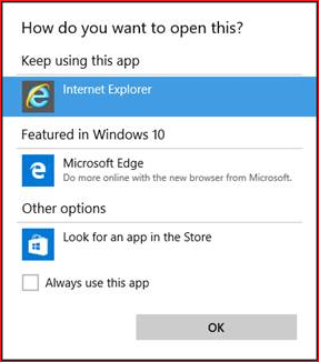 In Microsoft Outlook 2010 o Office Outlook 2007, quando si fa clic su un collegamento ipertestuale a una pagina Web, viene chiesto di specificare l'applicazione per aprire la pagina, come nello screenshot seguente.