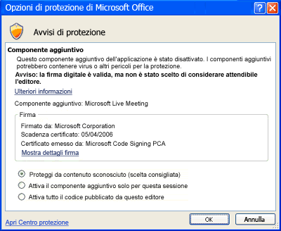 Finestra di dialogo Opzioni di protezione di Microsoft Office