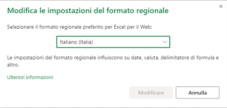 Finestra di dialogo Modifica impostazioni formato regionale