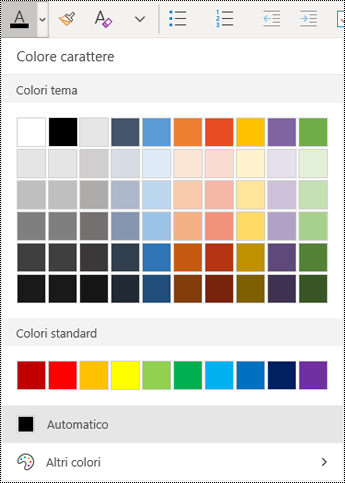 Menu Colore testo nell'app OneNote per Windows 10