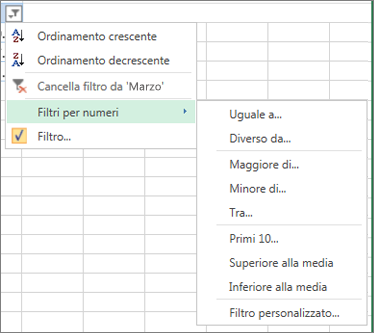 Opzioni di filtro personalizzate disponibili per i valori numerici.