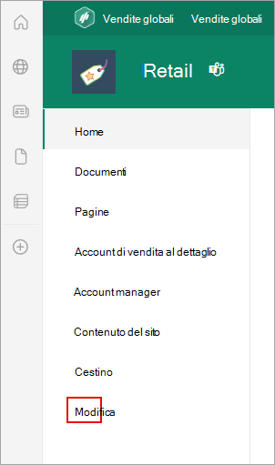 Screenshot che mostra il percorso del comando Modifica in una pagina di SharePoint.