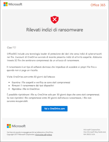 Screenshot dell'e-mail di rilevamento ransomware da Microsoft