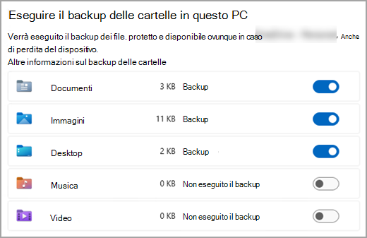 Menu di selezione del backup della cartella in Microsoft OneDrive.