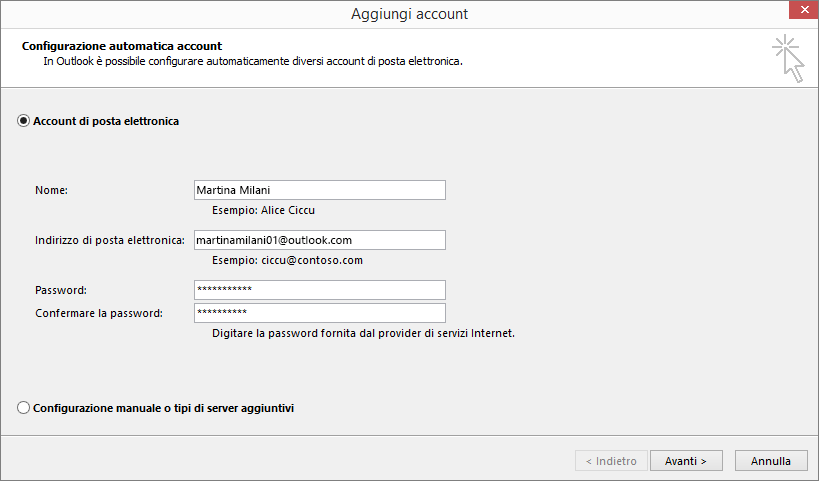 Usare Configurazione automatica account per aggiungere l'account di posta elettronica come parte del profilo appena creato per Outlook