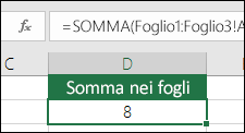 SOMMA 3D - La formula nella cella D2 è =SOMMA(Foglio1:Foglio3!A2)