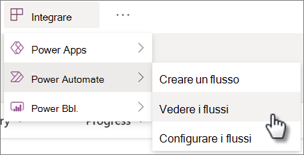 Comando Visualizza i flussi nel menu Integra Power Automate per un elenco