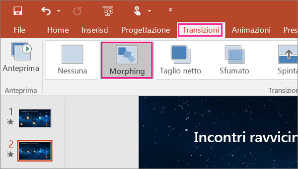 Transizione Morphing nel menu Transizioni di PowerPoint 2016