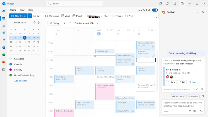 Screenshot che illustra come prenotare riunioni una-one-one-using Chat Assisted Scheduling in Outlook.