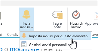 Imposta avviso per questo elemento di SharePoint 2016 con elemento selezionato