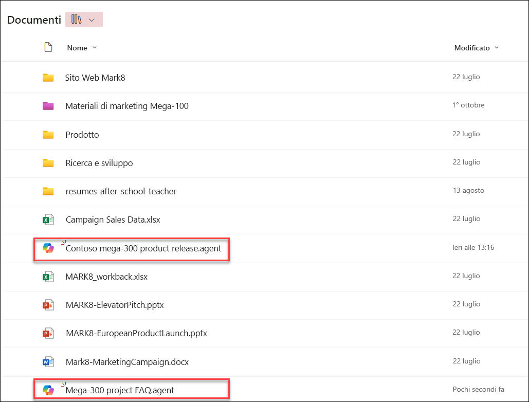 screenshot degli agenti copilot salvati nella cartella della raccolta documenti corrente